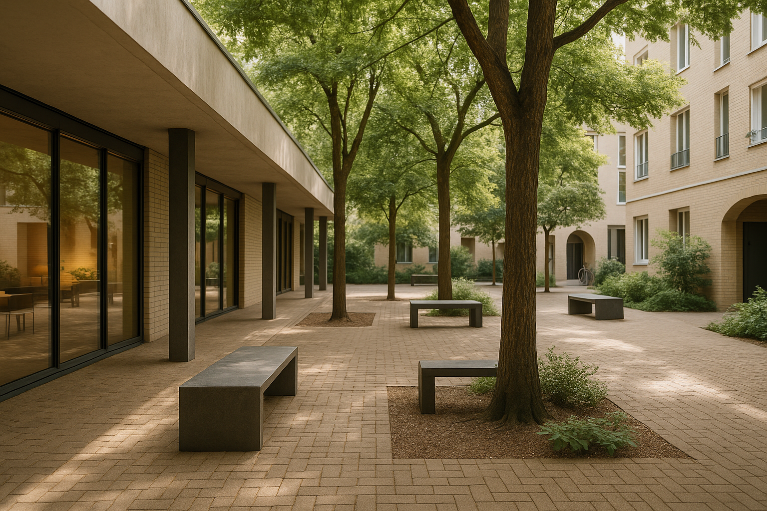 Cortile urbano con porticato e sedute, ombreggiato da alberi e con pavimentazione permeabile