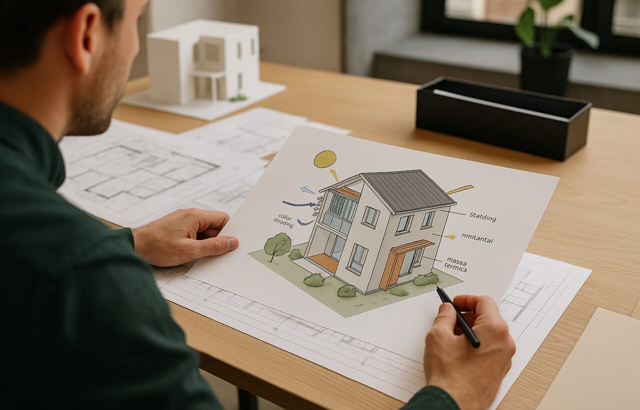 Schema di principi bioclimatici applicati a un edificio: orientamento, schermature, ventilazione e involucro