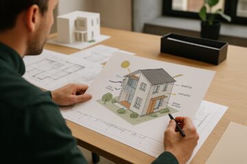 Schema di principi bioclimatici applicati a un edificio: orientamento, schermature, ventilazione e involucro