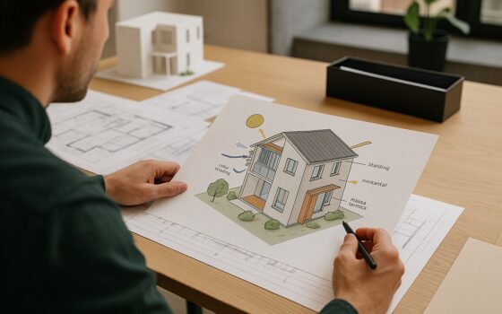 Schema di principi bioclimatici applicati a un edificio: orientamento, schermature, ventilazione e involucro