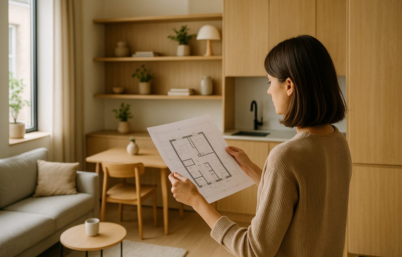 Interno di casa compatta luminosa con arredi essenziali e contenimento integrato