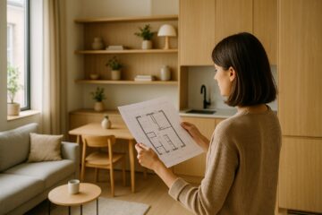 Interno di casa compatta luminosa con arredi essenziali e contenimento integrato