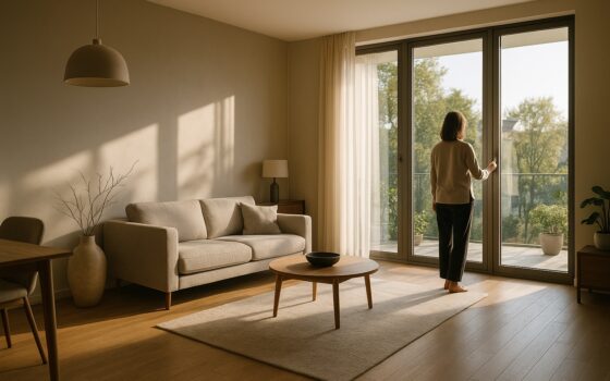 Interno moderno illuminato da luce naturale radente che evidenzia texture e ombre