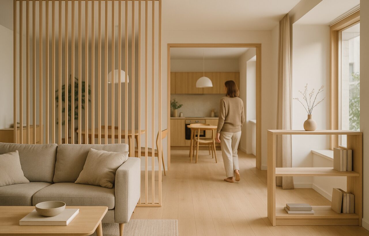Zona giorno contemporanea con spazi modulari e separazioni leggere per una distribuzione interna flessibile