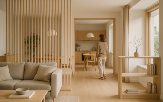 Zona giorno contemporanea con spazi modulari e separazioni leggere per una distribuzione interna flessibile