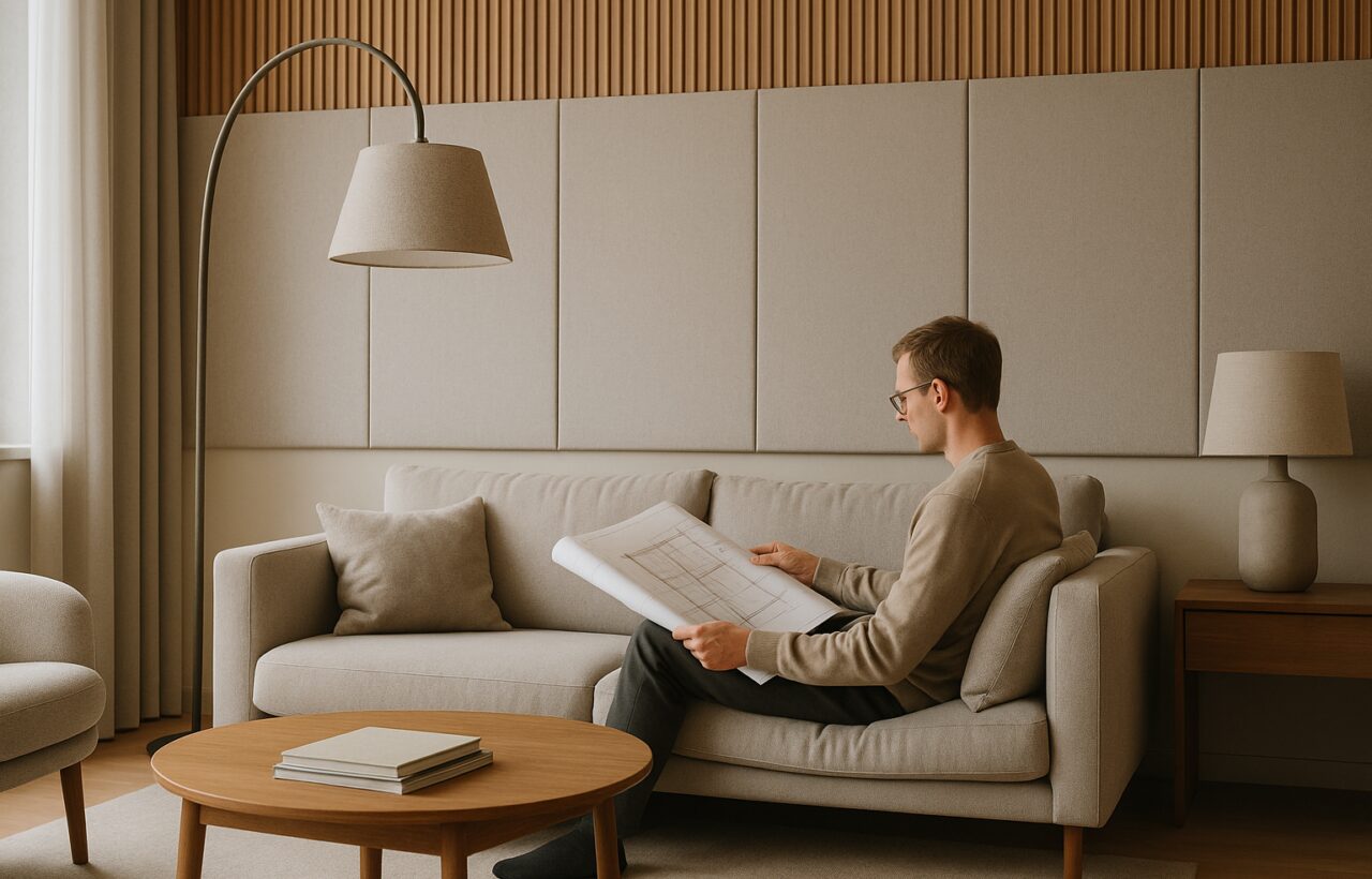 Ambiente domestico progettato per il comfort acustico con arredi tessili e superfici che riducono il riverbero