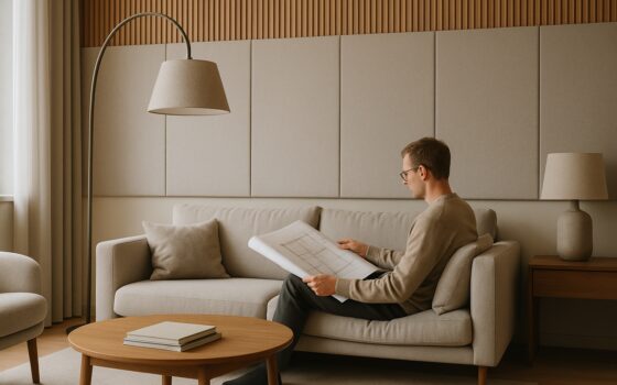Ambiente domestico progettato per il comfort acustico con arredi tessili e superfici che riducono il riverbero
