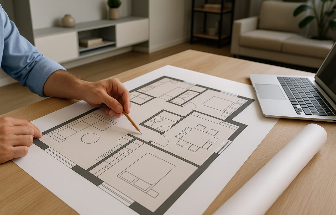 Schema di distribuzione interna di una casa senza corridoi con spazi connettivi e arredi contenitivi integrati